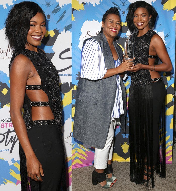Pamela Edwards Christiani and Gabrielle Union pose with Gabrielle's award on the red carpet of the Essence Street Style Block Party