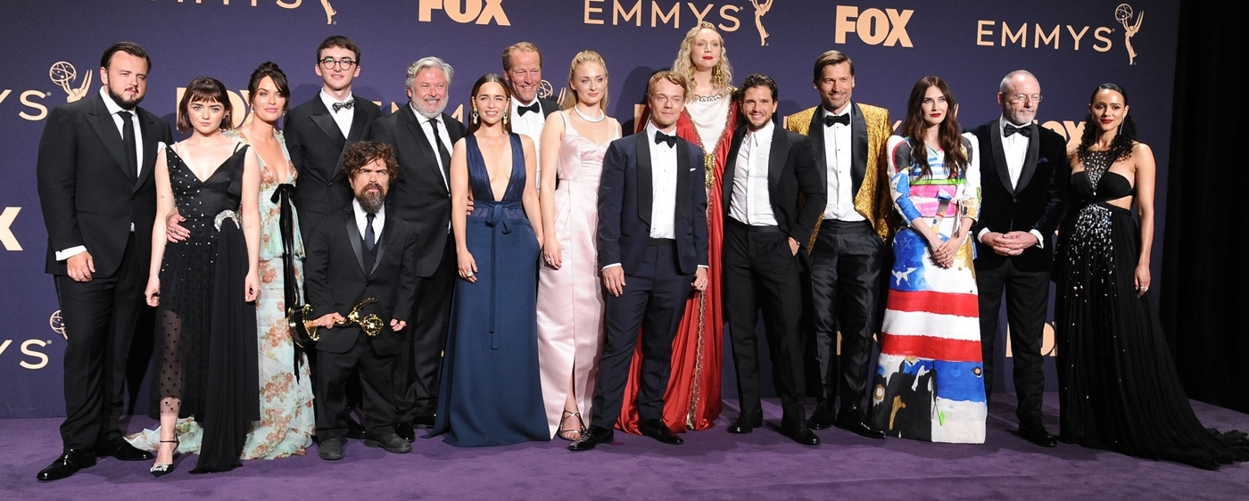 John Bradley, Maisie Williams, Lena Headey, Peter Dinklage, Isaac Hempstead Wright, Conleth Hill, Emilia Clarke, Iain Glen, Sophie Turner, Alfie Allen, Gwendoline Christie, Kit Harington, Nikolaj Coster-Waldau, Carice van Houten, Liam Cunningham, and Nathalie Emmanuel pose with awards for Outstanding Drama Series