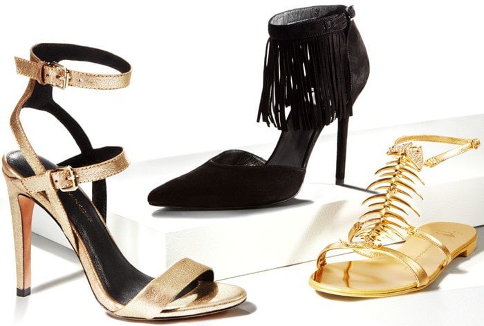 This chic trio of Giuseppe Zanotti designs showcases a range of styles, from metallic gold high-heeled sandals to fringed black pumps and bold gold flat sandals with intricate detailing