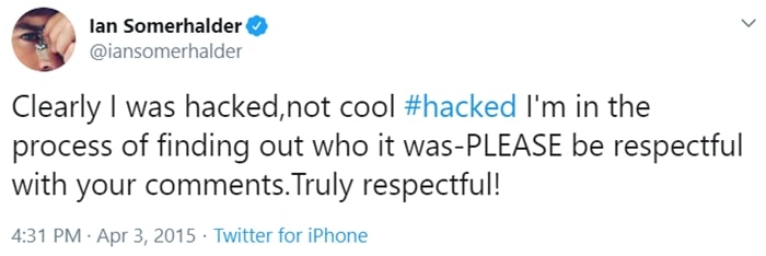Ian Somerhalder confirms his Twitter account was hacked