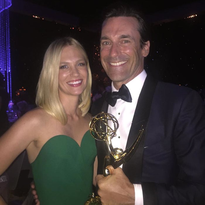 January Jones updates her Instagram followers on her awards night preparations and later uploads a photo with Emmy-winner Jon Hamm