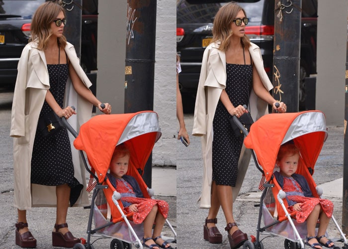 Jessica Alba pushes her daughter, Haven Warren in her stroller during a September stroll