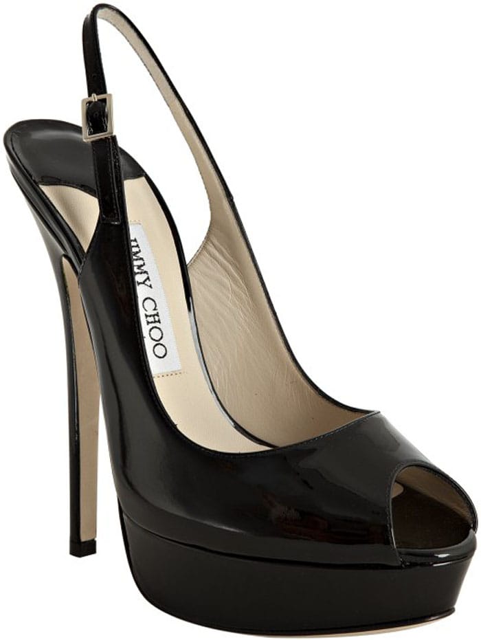 Black sky-high platform pump from Jimmy Choo with a skinny wrapped heel and alluring peep toe