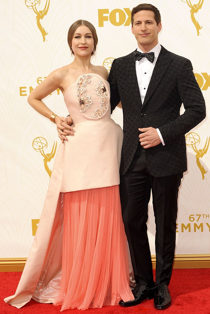 Joanna Newsom poses with her husband Andy Samberg on the Emmys red carpet