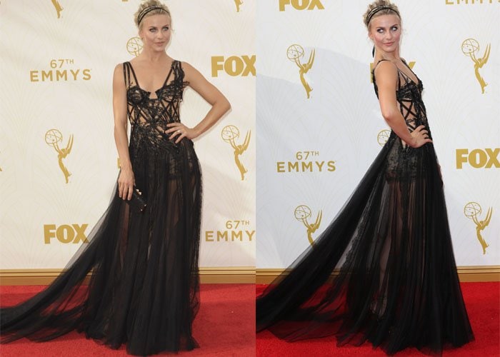 Julianne Hough poses on the Emmys red carpet in a black gown by Marchesa