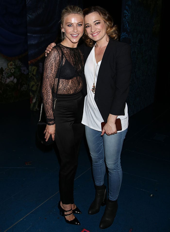 Julianne Hough and Laura Michelle Kelly pose together at the Lunt-Fontanne Theatre