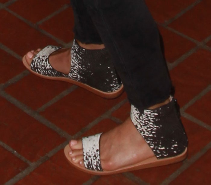 Julianne Hough's sandals are made from snake-embossed leather for an exotic look