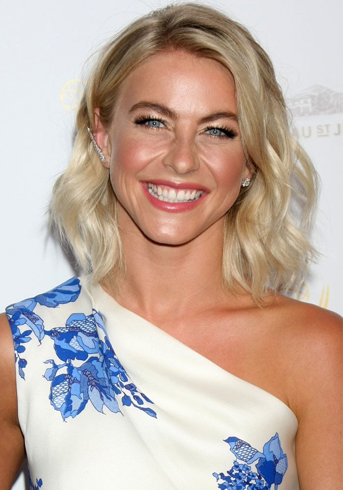 Julianne Hough's one-shoulder dress is rendered in a rose print gazar