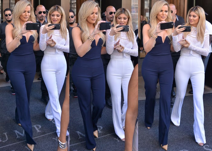 Khloé Kardashian and Kylie Jenner show off their legs in navy-and-white outfits as they leave Trump Hotel Soho