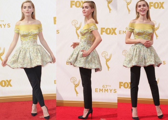 Kiernan Shipka wears a bubble-skirted dress with a pair of slim black trousers at the Emmys