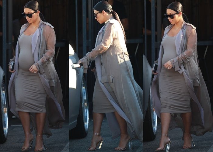 Kim Kardashian wears a Naked Wardrobe dress and a sheer Haider Ackermann trenchcoat out in Sherman Oaks