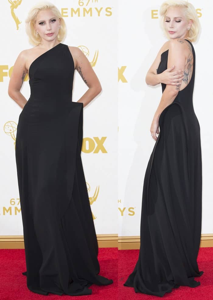 Lady Gaga debuted a new but old Hollywood-inspired look and surprised fashion reporters at the Emmy Awards