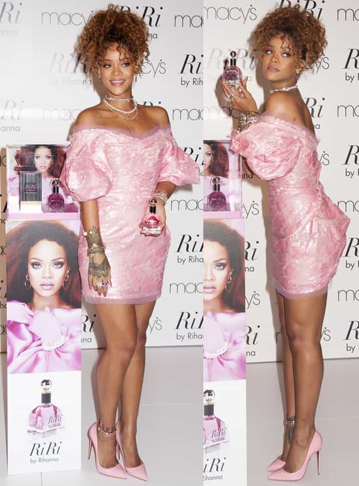 Rihanna in a frilly pink off-shoulder dress at the launch of her new fragrance "RiRi" at Macy's in New York on September 1, 2015