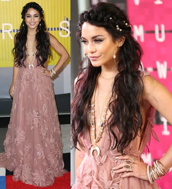 Vanessa Hudgens in a Naeem Khan floral gown styled with layers and layers of boho-inspired accessories