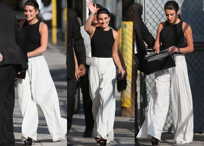 Lea Michele waves to fans and cameras as she arrives at ABC Studios in an Alice + Olivia outfit