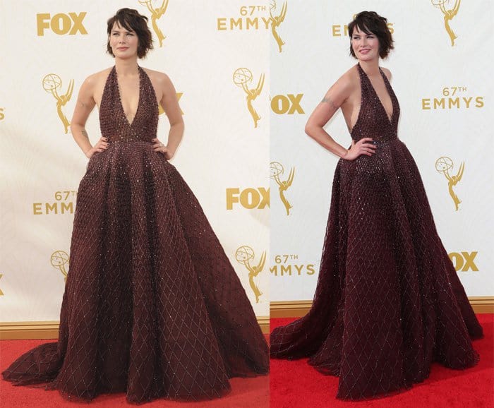 Lena Headey captivates in a breathtaking Zuhair Murad Fall 2015 Couture gown, showcasing a plunging neckline and a voluminous, intricately embellished skirt