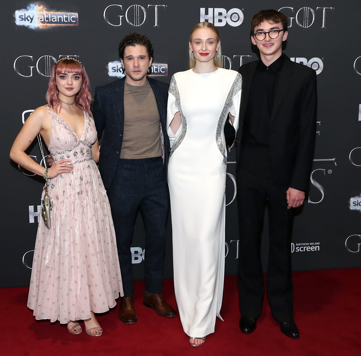 Maisie Williams, Kit Harington, Sophie Turner, and Isaac Hempstead Wright at the Season 8 premiere of "Game of Thrones"