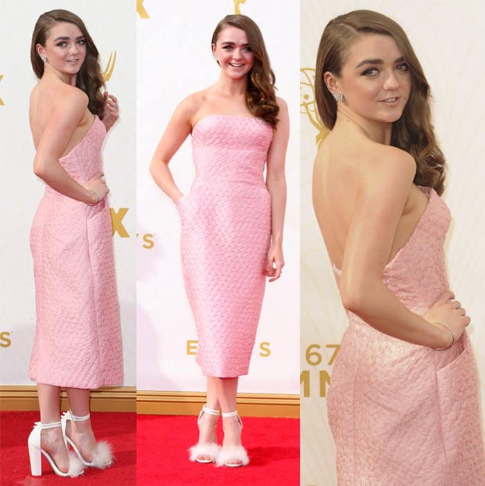 Maisie Williams embraces retro charm in a bubble-gum pink Ermanno Scervino dress, styled with playful feather-embellished heels for a fun and youthful look