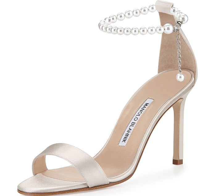 Manolo Blahnik “Chaos” Pearly Ankle-Wrap Sandals Champagne