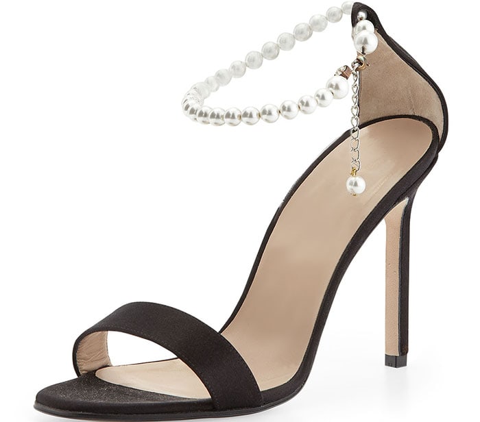 Manolo Blahnik satin evening sandal featuring a pearly-bead ankle strap with rhinestone detail