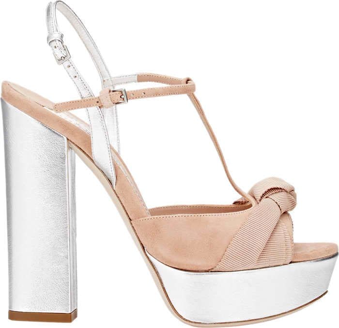 Miu Miu Knotted Grosgrain Bow and Suede T-Strap Platform Sandals