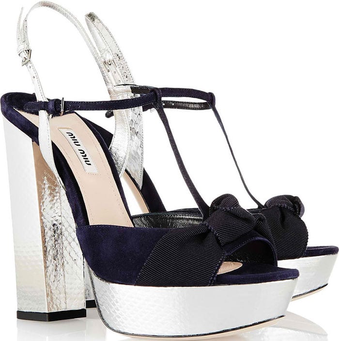 Miu Miu Knotted Grosgrain Bow and Suede T-Strap Platform Sandals