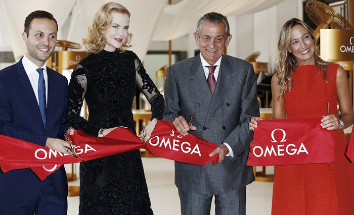 Omega's brand manager Malik Bey, actress Nicole Kidman, Omega President Stephen Urquhart, and country manager for Swatch Group Italia Burdese Laura attend OMEGA 'Her Time' Exhibition Opening