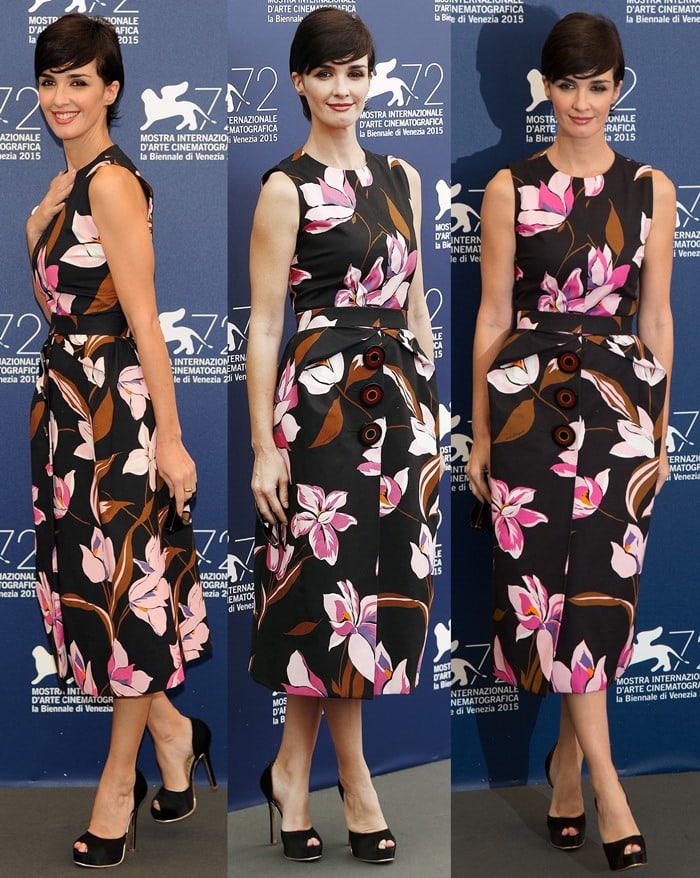 Paz Vega stuns in a Salvatore Ferragamo floral midi dress with oversized buttons and black peep-toe platform pumps at the 2015 Venice Film Festival