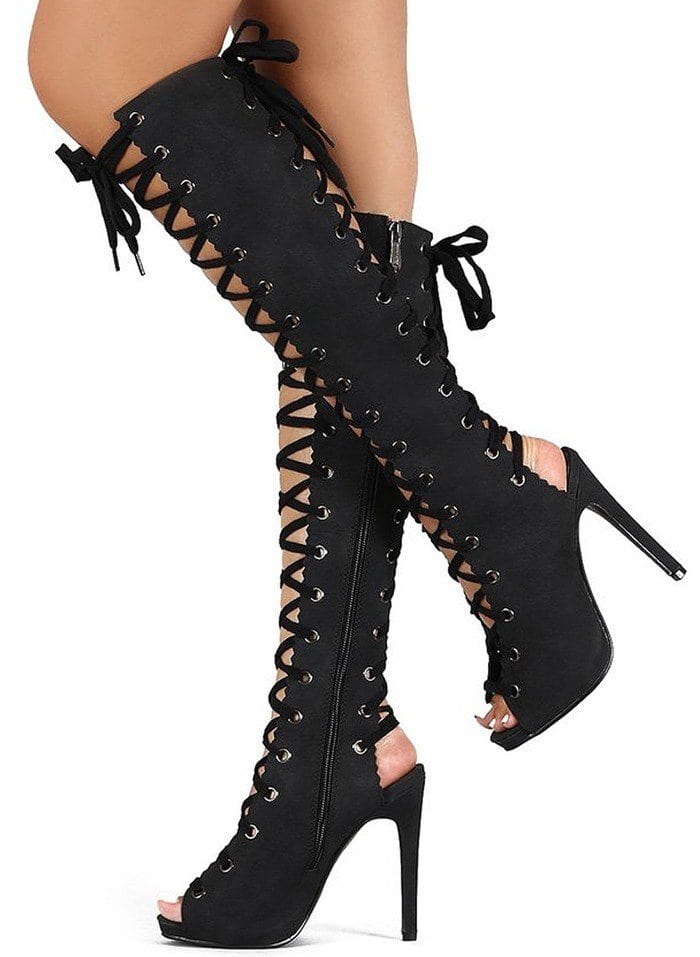 Peep Toe Lace Up Over the Knee Heel Boots