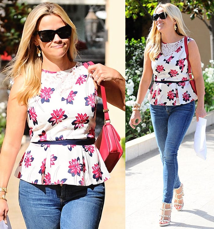 Reese Witherspoon pairs her floral Draper James peplum top with skinny jeans and white Valentino Rockstud heels