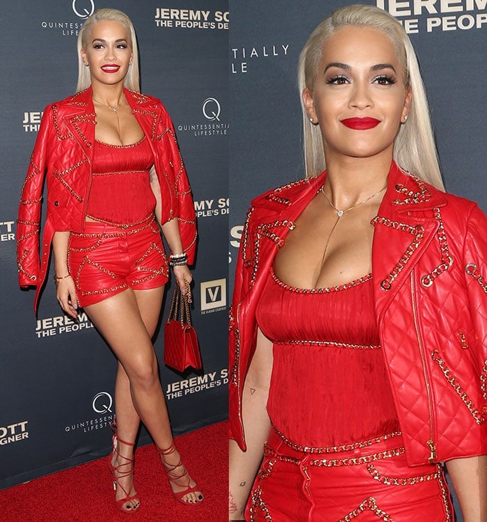 Rita Ora draped a matching leather jacket over her shoulders