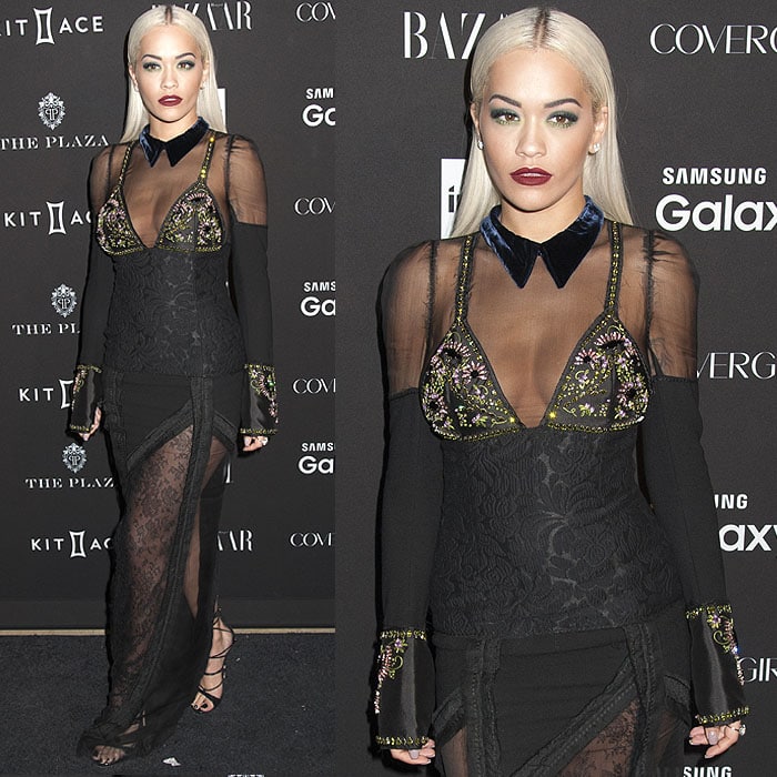 Rita Ora wears a custom Prada sheer-paneled gown that features a blue velvet collar and embellished bra top and cuffs