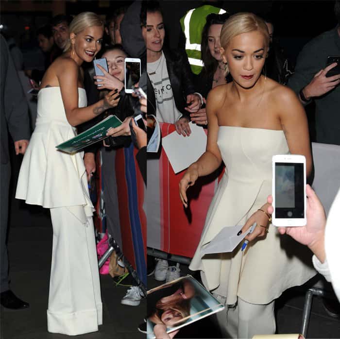 Rita Ora styled white Stella McCartney pants with a matching strapless dress