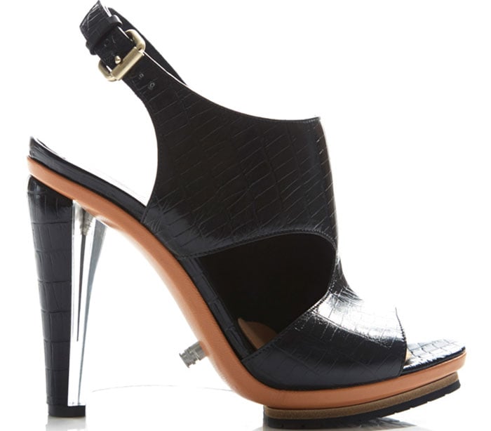 Rodarte Embossed Black Crocodile Leather Sandals with Clear Lucite Wedge Heels