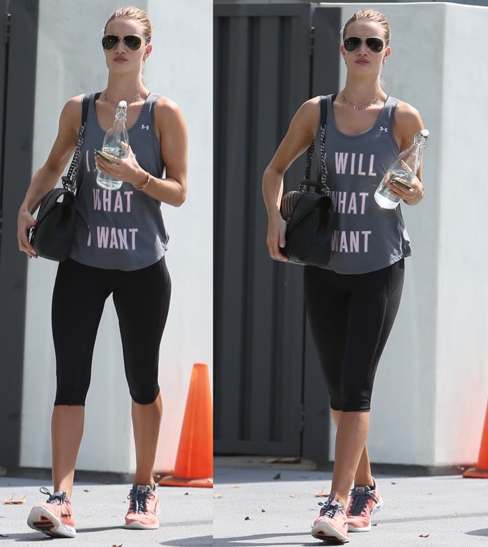 Rosie Huntington-Whiteley wears a pair of Nike shoes as she leaves a yoga class