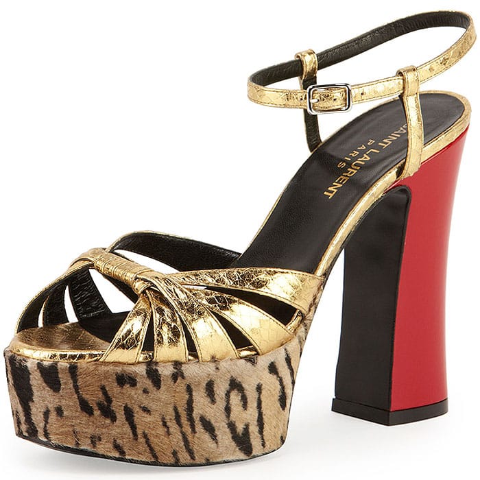 Saint Laurent Gold-Snakeskin Leopard-Haircalf Platform Sandals
