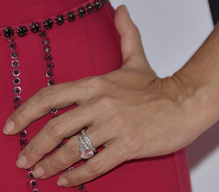 Salma Hayek shows off a silver diamond ring on one hand