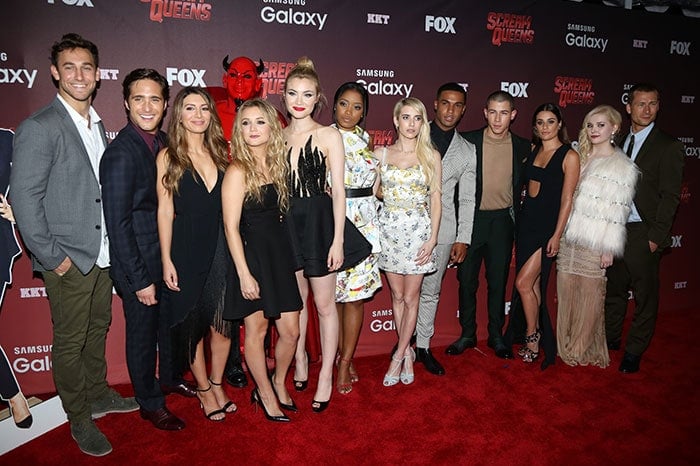 The cast of "Scream Queens" poses on the red carpet at the premiere of the horror-comedy TV series