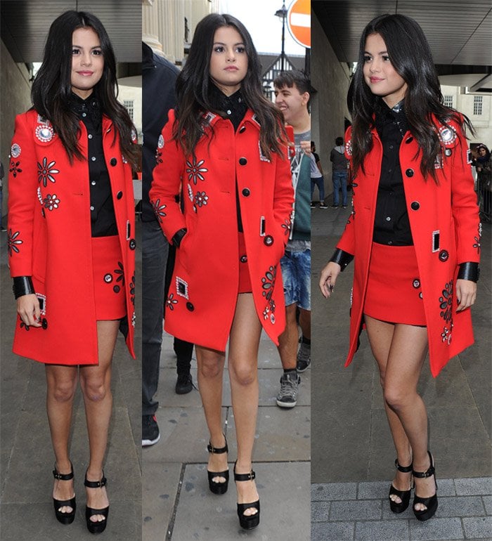 Selena Gomez in an embellished Marc Jacobs jacket with a matching skirt and shirt