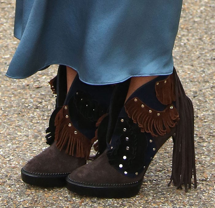 Suki Waterhouse wears Burberry fringe ankle boots