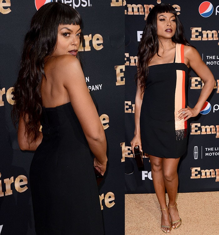 Taraji P. Henson's dress with a red-and-champagne striped panel detail on one side