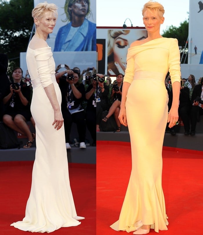 Tilda Swinton poses on the red carpet of the 2015 Venice Film Festival in a light yellow Haider Ackermann gown