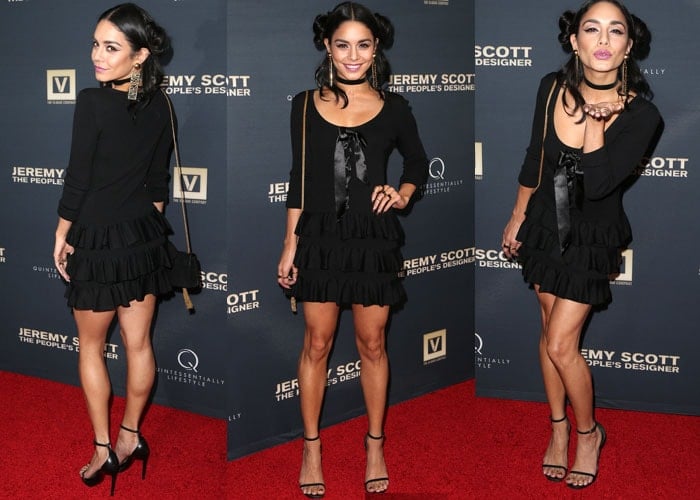 Vanessa Hudgens wears a Moschino and Saint Laurent look as she poses on the red carpet
