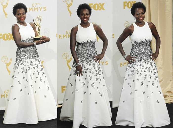 Viola Davis in a white Carmen Marc Valvo gown at the 67th Annual Primetime Emmy Awards