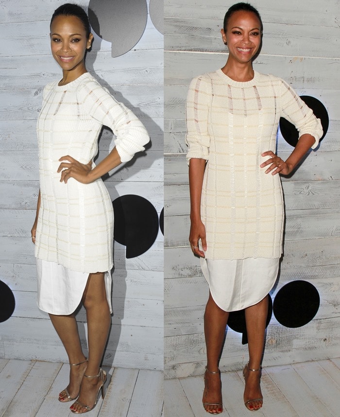 Zoe Saldana shows off a plaid knit dress from the Maiyet Spring 2016 collection