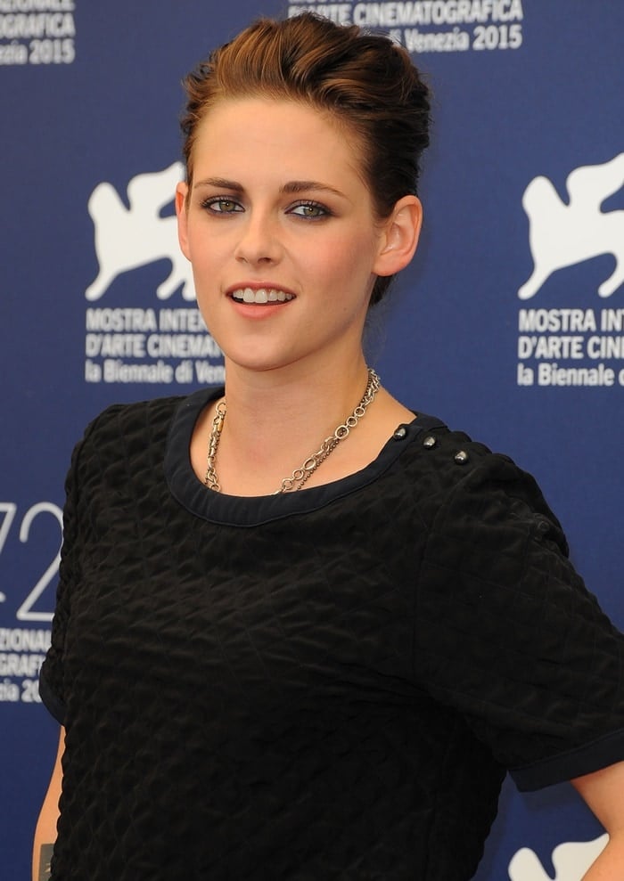 Kristen Stewart in a quilted black Chanel top at a photocall for Equals