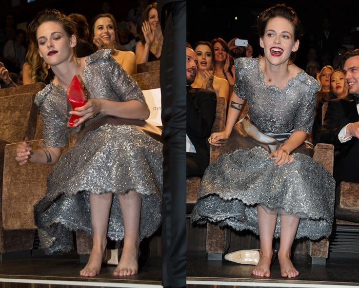 Barefoot Kristen Stewart after removing her silver metallic Christian Louboutin heels