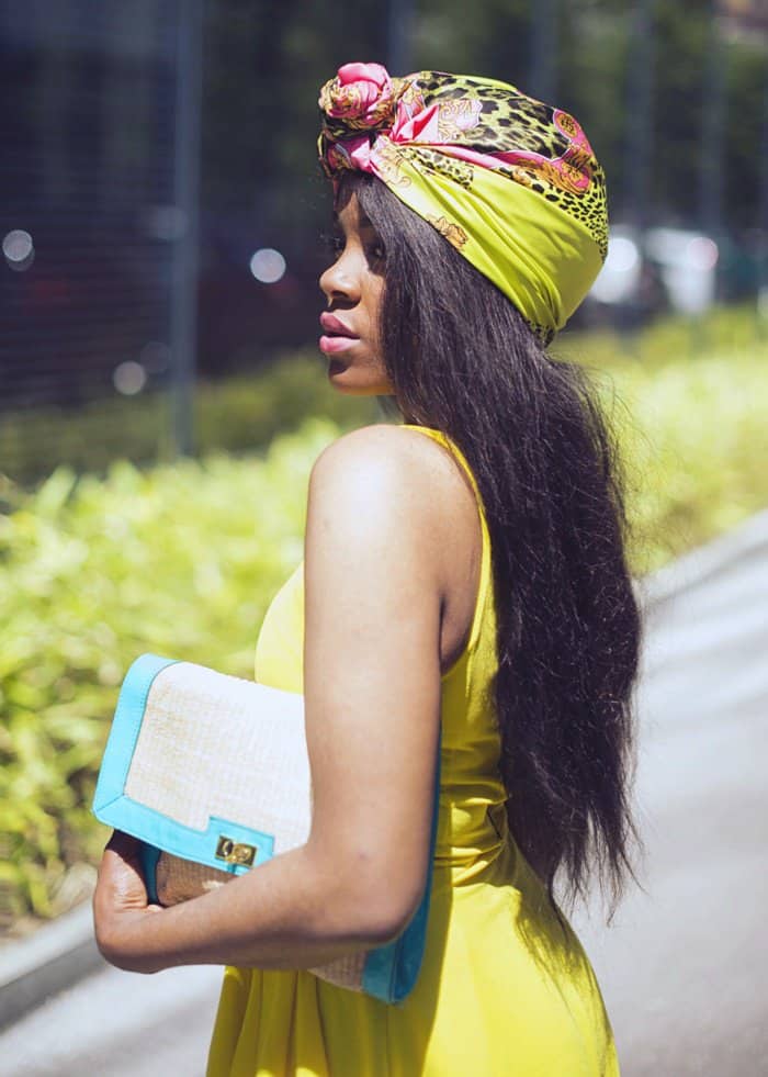Yolicia's printed silk headscarf really elevated her all-yellow getup