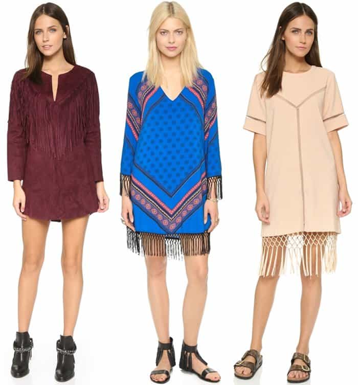 Raga Rule Breaker Fringe Mini Dress in Maroon and Minkpink Gypsy Queen Dress in Multi and Endless Rose Fringe Mini Dress in Nude Pink