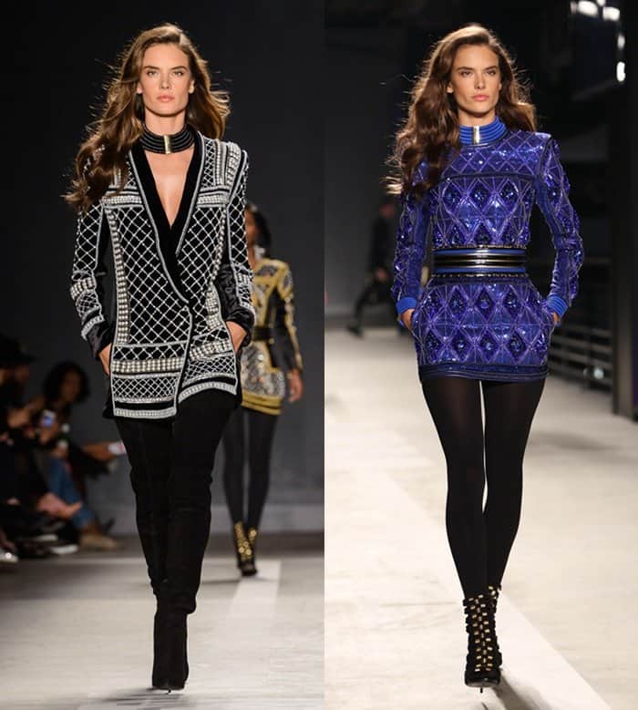 Alessandra Ambrosio captivates in two glamorous Balmain x H&M looks featuring intricate beading and bold, structured designs